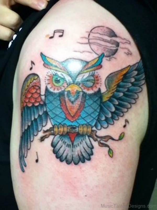 Music Notes Moon And Owl Tattoos On Shoulder