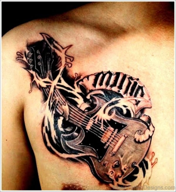 Nice Band Guitar Tattoo On Shoulder