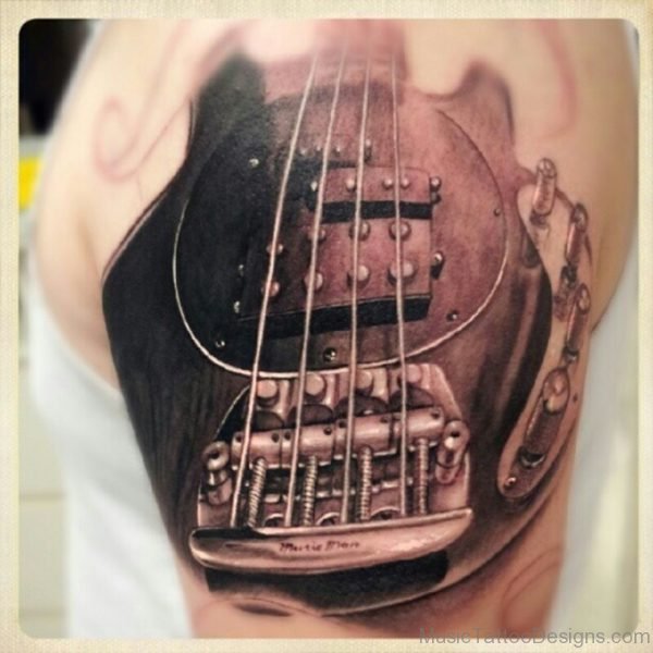 Nice Guitar Tattoo Strings On Shoulder For Men