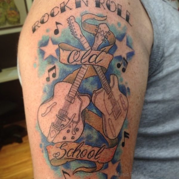 Old School Guitar Tattoo With Music Notes On Shoulder For Men