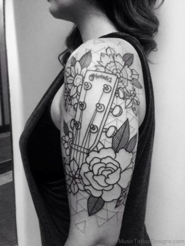 Outline Guitar And Rose Tattoo