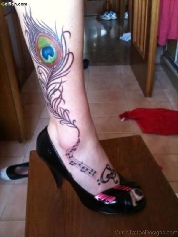Peacock Feather And Music Tattoo On Ankle