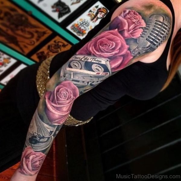 Pink Rose And Music Tattoo On Arm