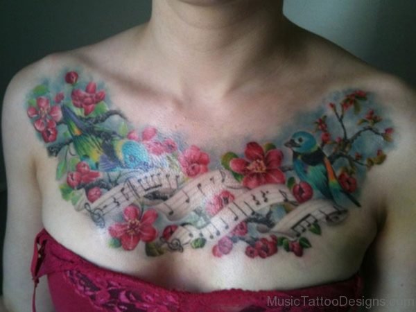 Pretty Bird Blossoms And Music Tattoo