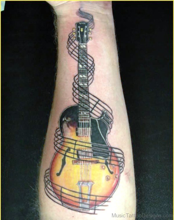 Realistic Guitar Tattoo On Forearm 