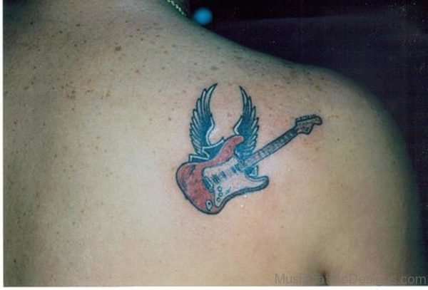 Red Colored Guitar Tattoo On Right Back Shoulder