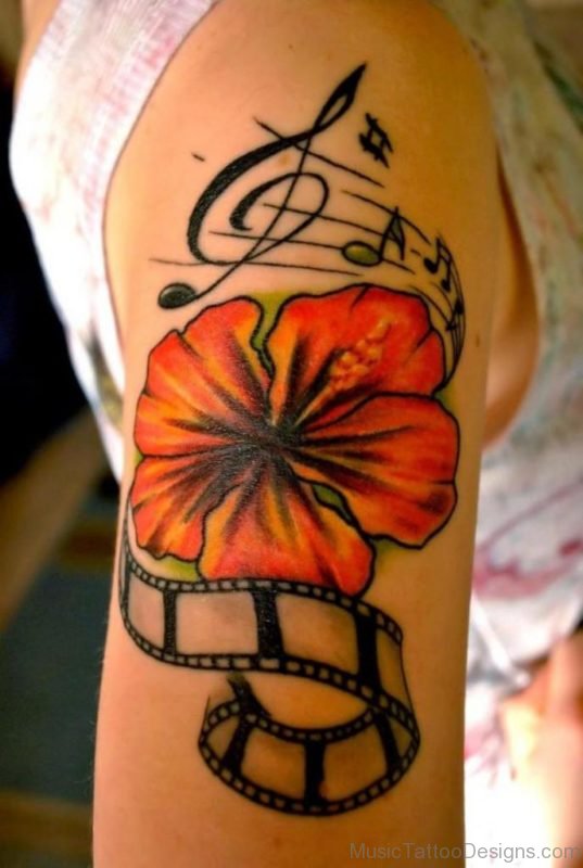 Red Flower And Music Tattoo