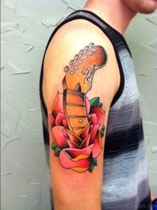Red Flowers Guitar Tattoo On Shoulder