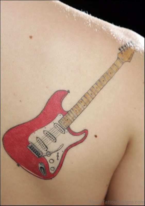 Red Guitar Tattoo On Right Back Shoulder