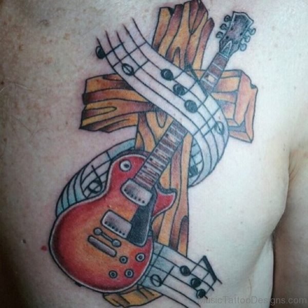 Red Guitar Tattoo with Music Notes On Back