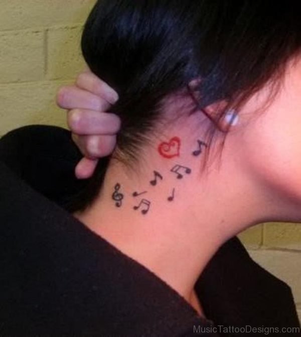Red Heart And Music Note Tattoo On Neck