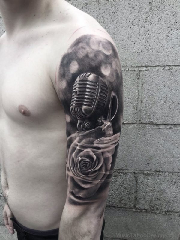 Rose Flower And Music Mic Tattoo