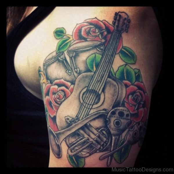 Roses With Guitar Tattoo On Shoulder