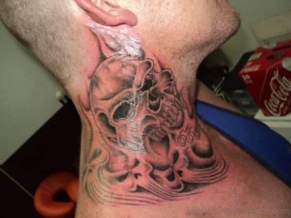Skull And Music Tattoo Design On Neck