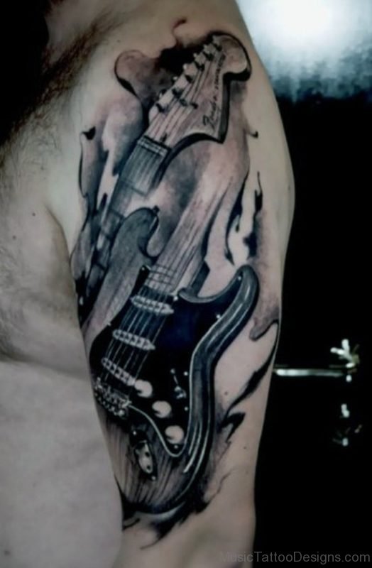 Vintage Guitar Tattoo On Shoulder