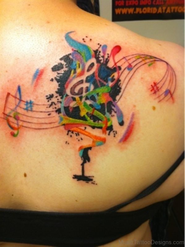 Watercolor Music Notes Tattoo On Back