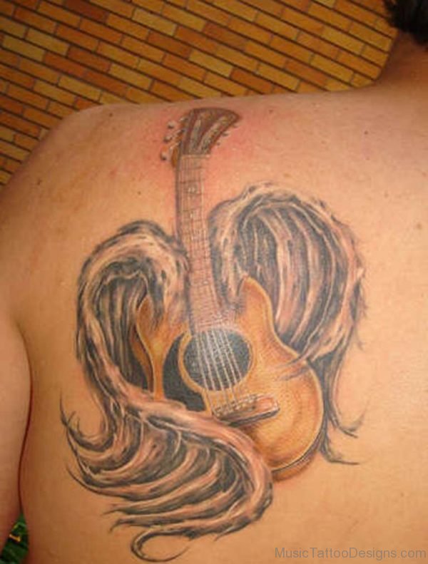 Winged New Guitar Tattoo On Left Back Shoulder For Men