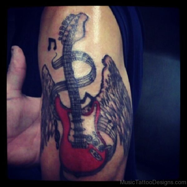 Winged Red Guitar Tattoo On Shoulder For Boys