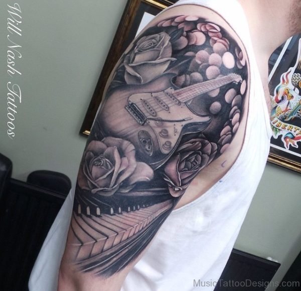 3D Grey Piano Keys With Guitar And Roses Tattoo