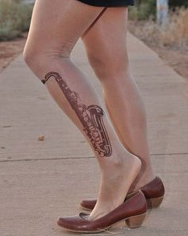 Awesome Saxophone Tattoo On Leg