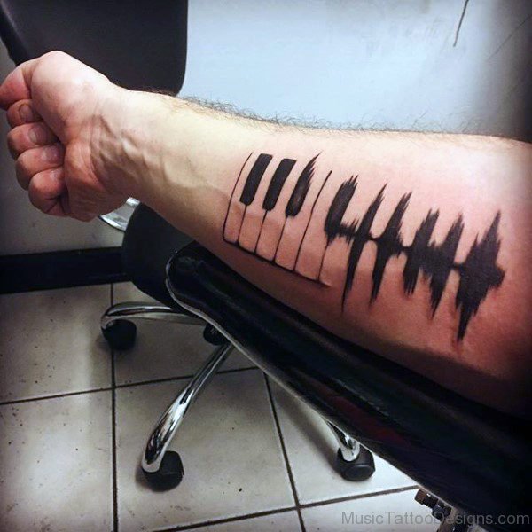 Awesome Soundwave With Piano Mens Black Ink Inner Forearm Tattoo