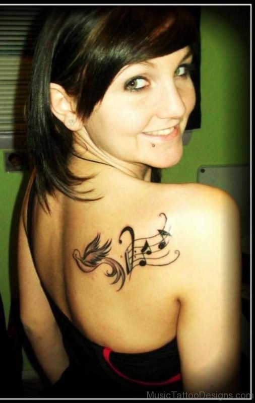Bird Music Note Tattoo On Shoulder Back
