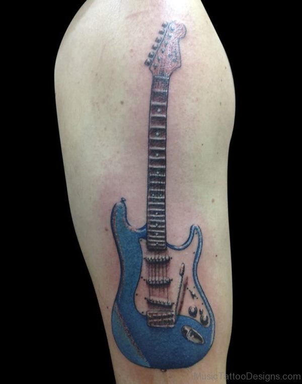 Black And Blue Guitar Tattoo On Half Sleeve