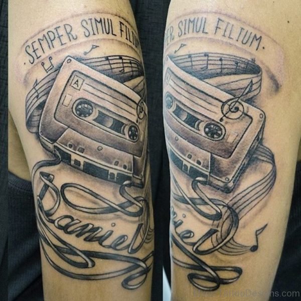Black And Grey 3D Cassette With Music Knots and Banner Tattoo