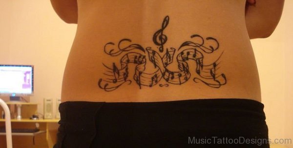 Black Muisc Notes Tattoo On Lower Back