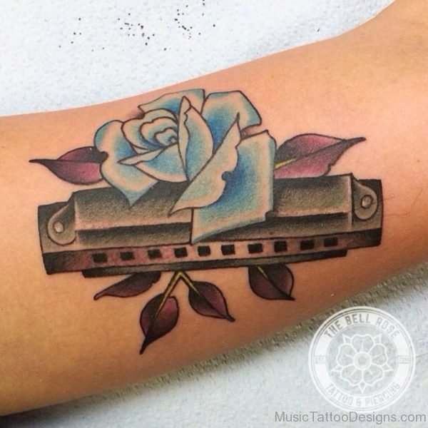 Blue Rose And Harmonica Tattoo
