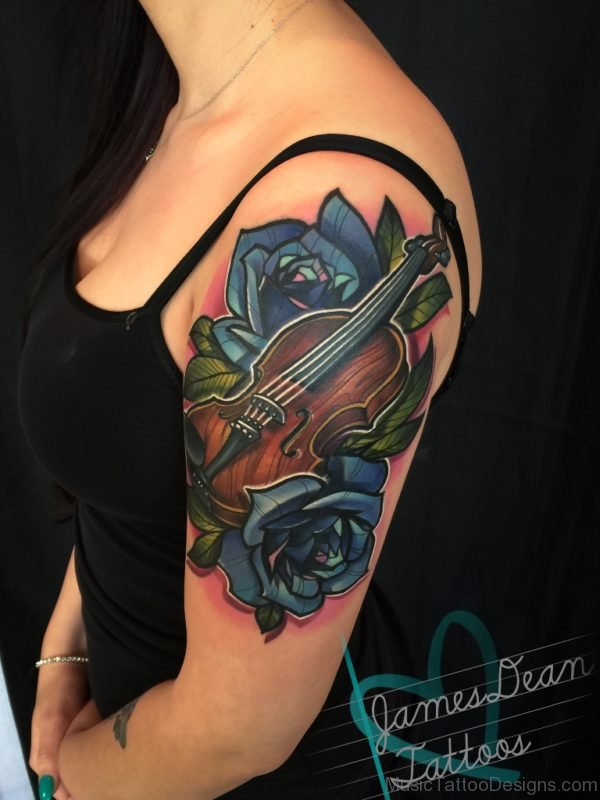 Blue Rose And Violin Tattoo
