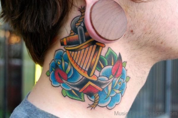 Blue Rose and Harp Tattoo On Neck