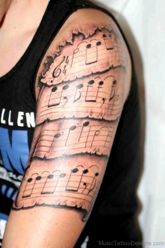 Classic Music Tattoo On Half Sleeve