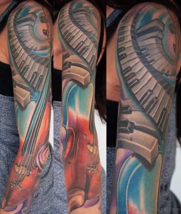 Classic Piano Keys With Guitar Colorful Tattoo On Full Sleeve