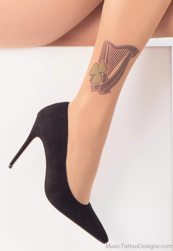 Clover And Harp Tattoo On Ankle