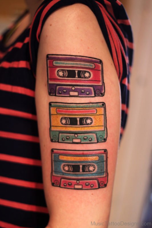 Colored Cassette Tattoo On Half Sleeve