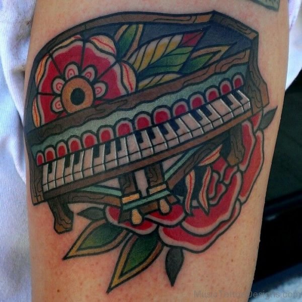 Colored Flower And Piano Tattoo