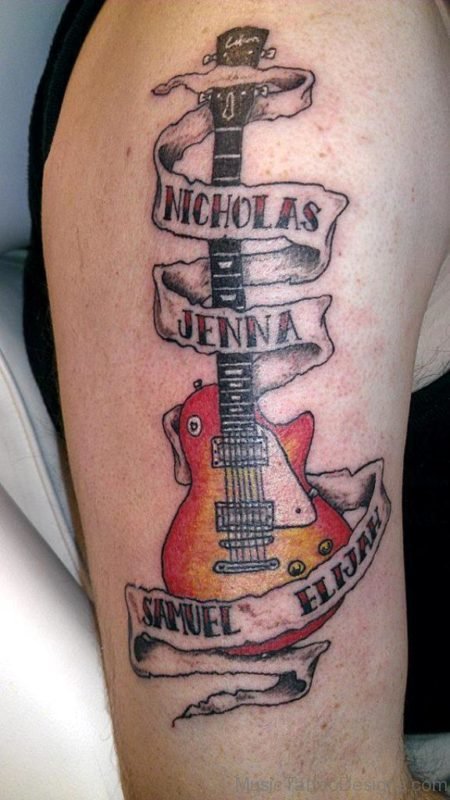 Colored Guitar Tattoo On Shoulder