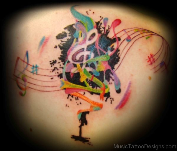 Colorful Music Tattoo On Back