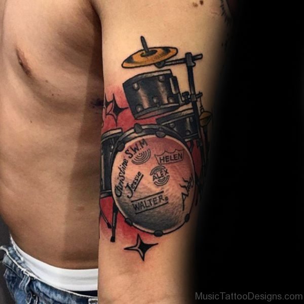 Cool Drum Set Guys Arm Tattoo With Old School Style