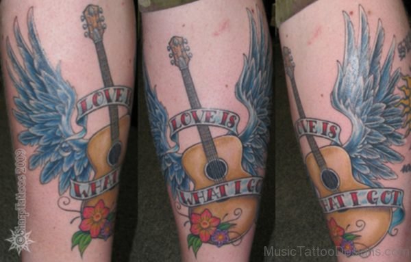 Cool Guitar Tattoo On Leg