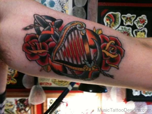 Cute Rose And Harp Tattoo