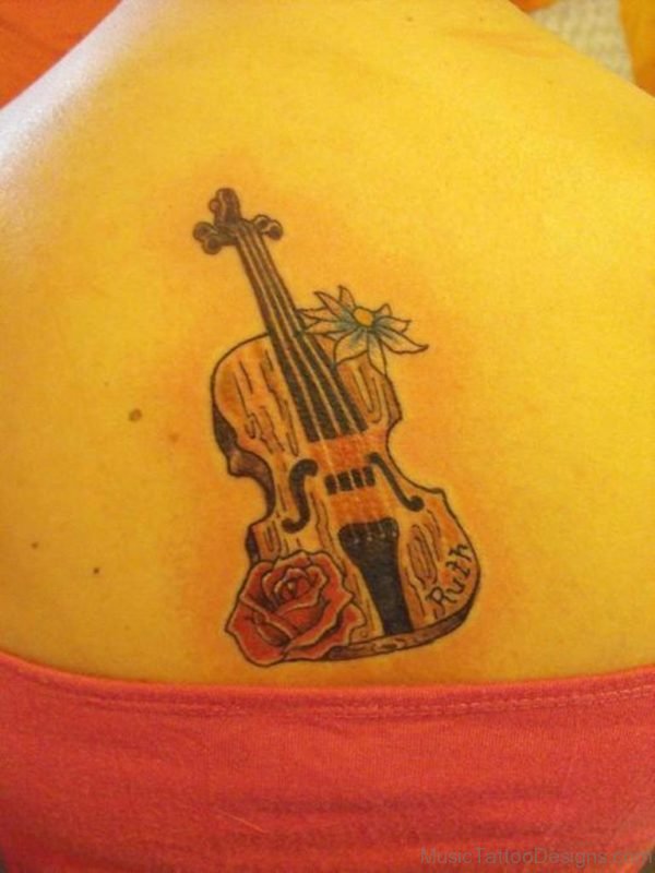 Flower And Violin Tattoo On Back