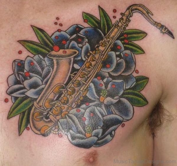 Flower and Saxophone Tattoo On Chest
