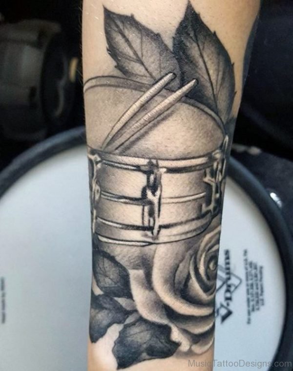 Forearm Drums With Rose Flower Guys Tattoo