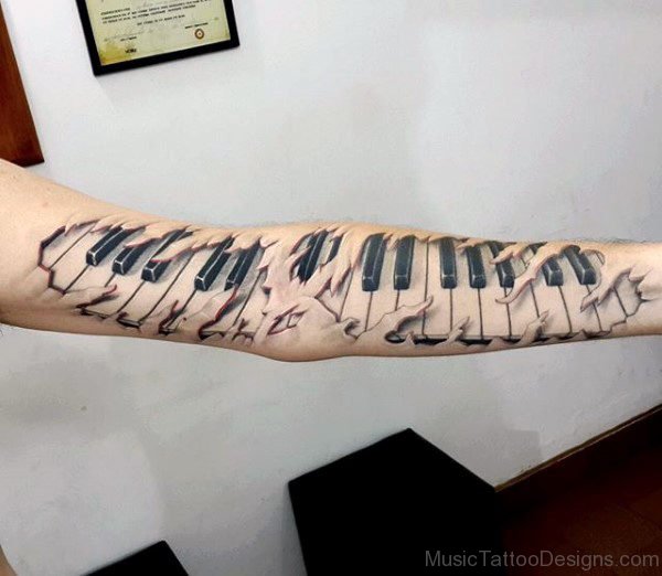 Full Arm Male Ripped Skin Piano Tattoo