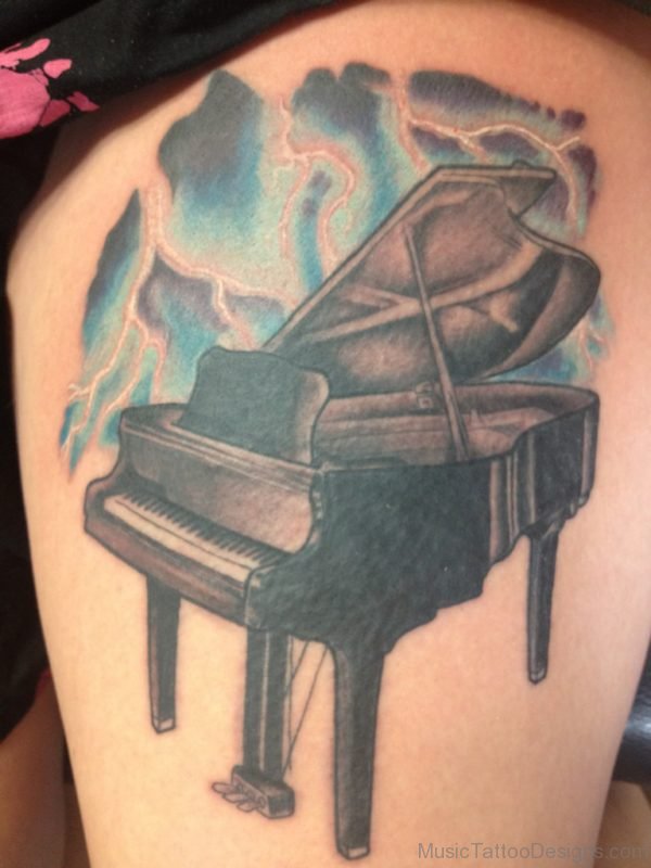 Grey Grand Piano Tattoo On Left Thigh