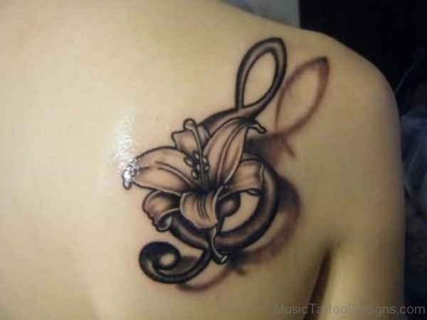 Grey Ink Flower And Violen Key Music Tattoo