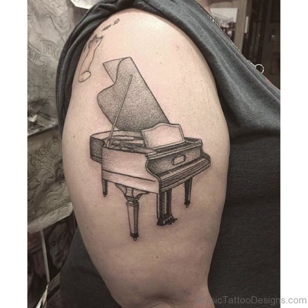 Grey Ink Perfect Piano Tattoo For Shoulder