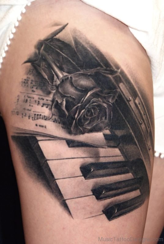 Grey Rose And Piano Tattoo